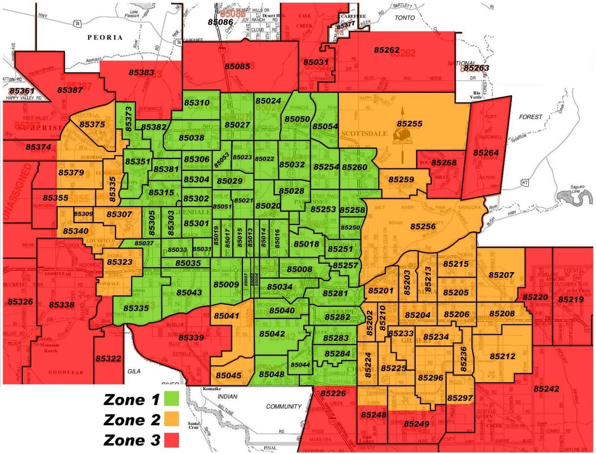 Phoenix, az საფოსტო კოდი რუკა